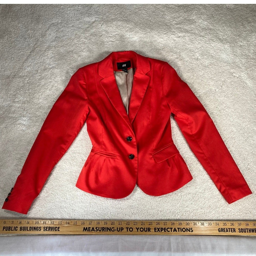 HM Womens Red Two Button Peplum Blazer Jacket‎ Polka Dot Lining Size 4